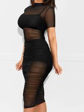Three Piece Short Sleeve Mesh Ruched Midi Dress